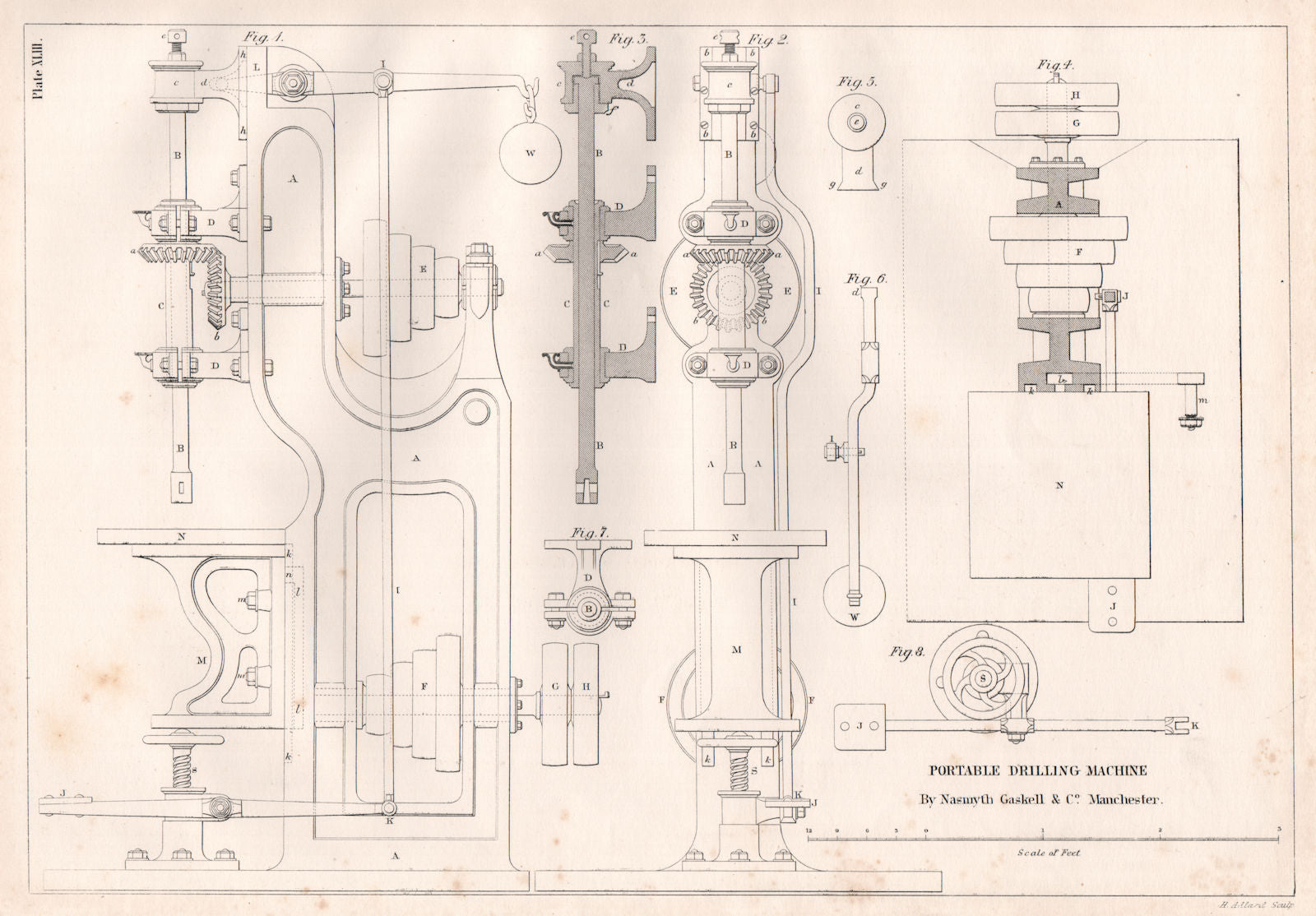 19C ENGINEERING DRAWING. Portable drilling machine by Nasmyth Gaskell & Co 1847